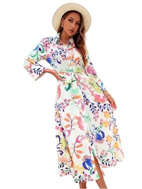 Zara off white Midi Shirt Dress with Multicolor Floral Print